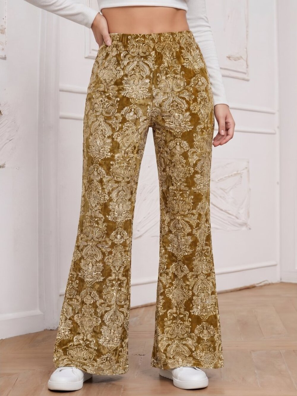 Gold Burnout Velvet Baroque Flare Pants Elastic Waist Y2K Festival, Medium